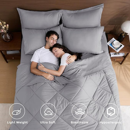 HEVUMYI Oversized Queen Comforter Set Light Grey - 7-Piece All Season Bed in a Bag Oversized Queen, Ultra Soft Bedding Set with Comforter, Flat Sheet, Fitted Sheet, Pillowcases, Pillow Shams