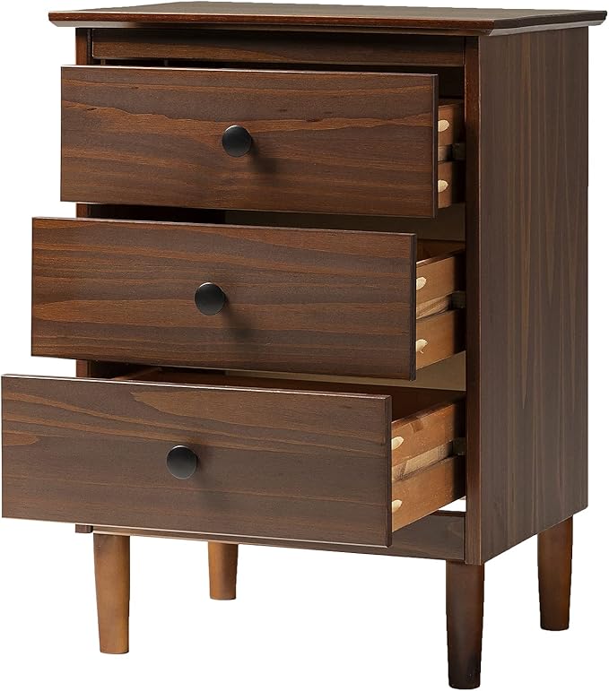 Walker Edison Traditional Wood 3 Drawer Nightstand Side Table Bedroom Storage Drawer and Shelf Bedside End Table, 18 Inch, Walnut
