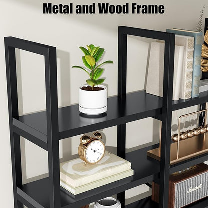 Semoic Large Bookshelf 5 Tiers, Triple Wide Geometric Bookcase, 71 Inches Tall Industrial Book Shelves Etagere Book Case, Sturdy Metal Frame, Freestanding Display Shelving Unit (Black)