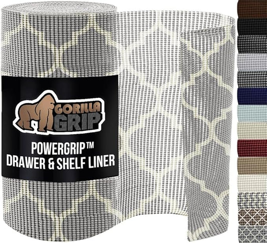 GORILLA GRIP powerGRIP Drawer Shelf and Cabinet Liner, Thick Strong Hold, Non-Adhesive Liners Protect Kitchen Cabinets and Cupboard, Bathroom Drawers, Easy Install, Breathable Mat, 17.5" x30', Gray