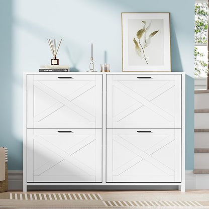 47" W Large Shoe Storage Cabinet with 4 Flip Drawers, Freestanding Hidden Shoe Cabinet Organizer with Adjustable Shelf, Narrow Shoe Cabinet for Entryway Hallway Living Room