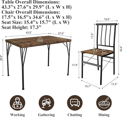 5 Piece Dining Table Set with 1.6" Thick Desktop, Modern Metal&Wood Kitchen Dinner Table with 4 Chairs, Dining Room Table Sets for Small Spaces, Brown