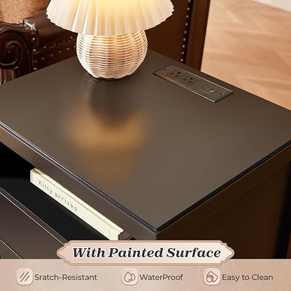 Huuger Nightstand with Charging Station, Black Nightstand with 2 Drawers, Bed Side Table for Bedroom, Bedside Table with Storage, Modern Nightstands, Metal Knobs, Painted Surface