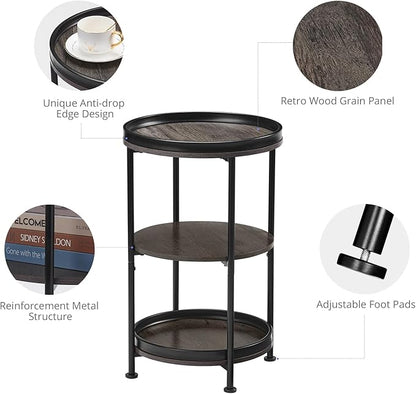Dulcii Side Table, Round End Table with 3 Shelves for Living Room, Bedroom, Nightstand with Steel Frame for Small Spaces, Industrial Round Sofa Table, Outdoor Accent Coffee Table, Grey