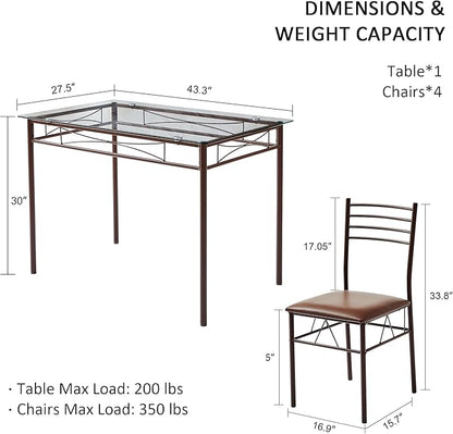 VECELO Kitchen Dining Room Table and Chairs [4 Placemats Included] 5-Piece Dinette Sets, Space Saving (Brown)