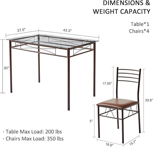 VECELO Kitchen Dining Room Table and Chairs [4 Placemats Included] 5-Piece Dinette Sets, Space Saving (Brown)