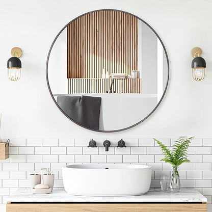 36 inch Dark Grey Circle Wall Mirror, Brushed Titanium Metal Framed Round Mirror for Bathroom Vanity, Bedroom Decor, Living Room, Entryway