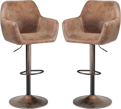 Keyluv Bar Stools Set of 2 for Kitchen Counter Adjustable Swivel Height Barstools 29 Inch Faux Leather Bar Chairs with Padded Back and Chromed Metal Base, Retro Brown