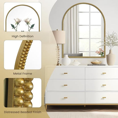 WallBeyond Gold Vintage Mirror for Vanity 28x36 Inch, Gold Antique Mirror with Ornate Beaded Frame for Bathroom, Living Room, Fireplace, Entryway