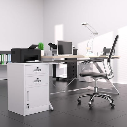 Metal Storage Cabinet with Locking Door and 2 Lockable Drawers for Home Office Bedroom Living Room (White)