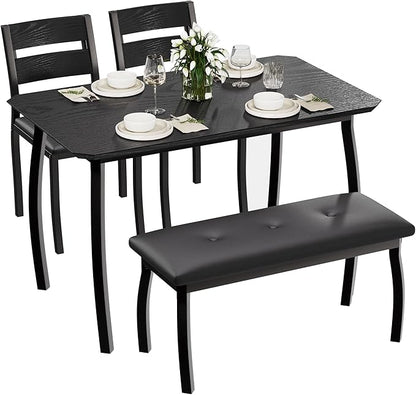 4 Piece Farmhouse Dining Table Set for 4, Space Saving Rustic Kitchen Table with 2 Padded Chairs & Bench, Small Breakfast Nook Furniture Set for Dining Rooms, Apartments, Black