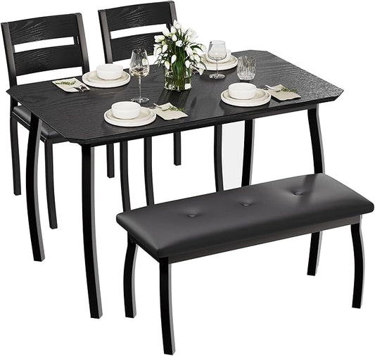 4 Piece Farmhouse Dining Table Set for 4, Space Saving Rustic Kitchen Table with 2 Padded Chairs & Bench, Small Breakfast Nook Furniture Set for Dining Rooms, Apartments, Black