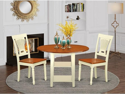 East West Furniture SUPL3-BMK-W 3 Piece Kitchen Table & Chairs Set Contains a Round Dining Room Table with Dropleaf & Shelves and 2 Solid Wood Seat Chairs, 42x42 Inch, Buttermilk & Cherry