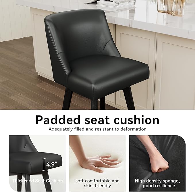 Vipbear Swivel Counter Height Bar Stools Set of 4,26.8" H Counter Stools with Back, Mid Century Modern Bar Stools for Kitchen Island,Faux Leather,Wooden Base, Black
