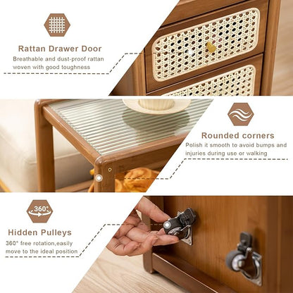 Bamboo & Rattan Side Table with Glass Top – 2-in-1 End Table and Bedside Cabinet with Drawer Storage for Small Spaces, Bedroom, Living Room,Walnut