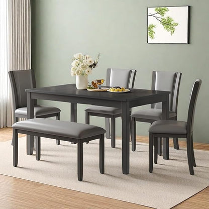 Dining Table Set for 5, 6-Piece Kitchen Table & Chairs Set with Rectangular Table, Bench & 4 Upholstered Chairs, 58'' Dinner Set with Rubber Wood Legs & Curved Backrest for Kitchen, Gray