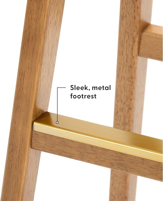 Plank+Beam Beryl Counter Height Stool - Mid-Century Modern Rubberwood Bar Stool with Faux Leather Seat, Metal Footrest, Easy Assembly, Pecan/Toffee