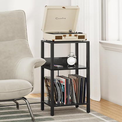 TUTOTAK Record Player Stand with Storage Up to 100 Albums，Record Storage Table,3 Tier End Table with Charging Station,Side Table for Living Room, Bedroom, Black TB01BK076