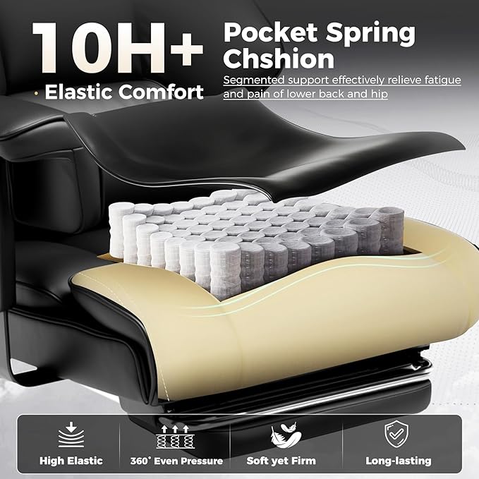 COMHOMA Big and Tall Office Chair 400lbs High Back Computer Gaming Chair with Ergonomic Lumbar Support & Pocket Spring Cushion for Lower Back Pain Relief, Leather Executive Chair with Foot Rest, Black