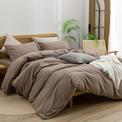 BESTOUCH Duvet Cover Set 100% Washed Cotton Linen Feel Super Soft Comfortable Chic Lightweight 3 PCs Home Bedding Set Solid Pine Bark Brown King