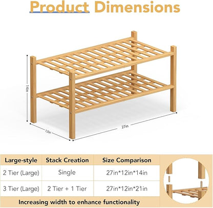 Haddockway Large 2 Tier Bamboo Shoe Rack Storage Organizer,Multifunctional Free Standing Stackable Shoe Shelf with Grid Panel for Closet,Hallway,Entryway,Small Space 27"x12"x14"(Natural, 2-Tier Large)