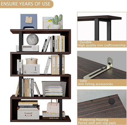 SORCEDAS Bookshelf Geometric Bookcase S Shaped Industrial Bookshelf Storage Display Stand Shelf for Living Room Bedroom and Office Room (Black, 4 Tier)