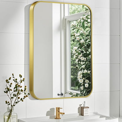 Matte Gold Mirror, 16x20 Inch Brushed Gold Mirror, Aluminum Alloy Framed Vanity Mirror, Rounded Rectangle Bathroom Mirror for Over Sink, Anti-Rust Wall Mirror (Horizontally or Vertically)