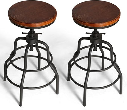 LOKKHAN Vintage Industrial Barstools - 13.8" Dia Round Wooden Brown Seat - Black Metal Base - Adjustable Height: 23.6"-29.5" / Minimalist Design/Raw Rustic Look/Rotating Top Bar Chairs, Set of 2