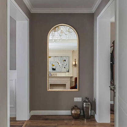 Gold Arched Mirror, 22"x47" Arch Vanity Mirrors for Bathroom, Decorative Accent Mirror with Metal Beaded Frame, Large Vintage Mirrors for Fireplace Bedroom Entryway Hallway Living Room