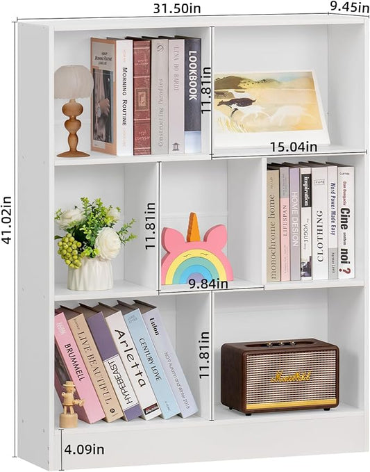 YAHARBO White 7 Cube Bookshelf,3 Tier Modern Horizontal Bookcase,Wooden Low Book Shelf Display Storage Cabinet with Base,Floor Standing Short Bookshelves Open Organizer for Bedroom,Living Room,Office