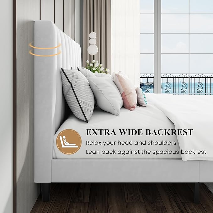SHA CERLIN Full Bed Frame/Velvet Upholstered Platform Bed Frame with Headboard/Strong Wood Slats Support/Mattress Foundation/No Box Spring Needed/Easy Assembly/White