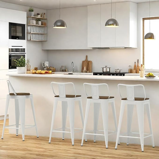 26 Inch Swivel Bar Stools Set of 4, Counter Height Bar Stools with Low Back, Metal Industrial Bar Chairs for Kitchen Island (White)