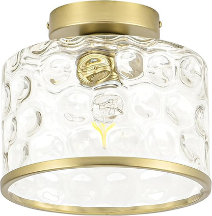 Gold Flush Mount Ceiling Light with Clear Hammered Glass lampshade, Farmhouse Ceiling Lights Fixture in Satin Brass for Kitchen Bathroom, Bulb not Included