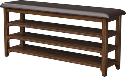 Wooden Shoe Bench Storage with Leather Cushion, Rustic Solid Wood Entryway Bench with 3-Tiers Height Adjustable, Shoe Rack Front Doors Entrances for Hallway Living Room,Mudrooms (Brown,47.2")