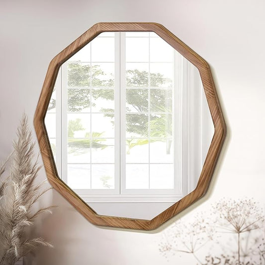 ULIKE Wood Mirror for Wall, 24 Inch Rustic Farmhouse Mirror with Wood Frame, Decorative Wall Mounted Vanity Mirrors for Bathroom Bedroom Living Room Entryway, Brown
