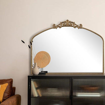 Gold Antique Mirror 40” x 30”, Large Ornate Mantel Mirrors with Arch Frame, Vintage Mirror Over Fireplace, Decorate Gold Beaded Frame for Living Room/Entryway/Dresser