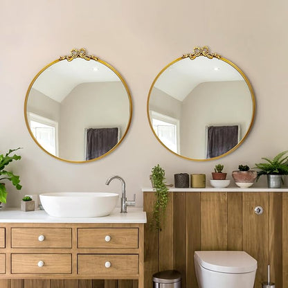 Vintage Gold Round Mirror Decorative Bathroom Vanity Mirrors 27.5inch Antique Metal Ornate Circle Wall Mirror, Baroque Bow Decor for Home Dressing Table,Bedroom,Living Room,Hallway