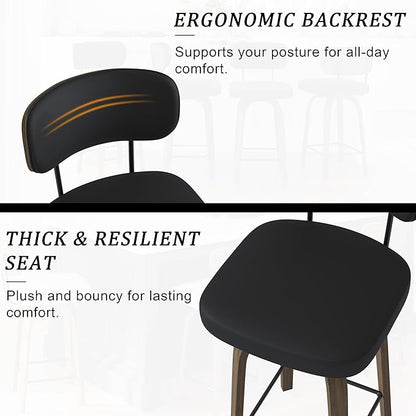 Swivel Counter Height Bar Stools with Back Set of 2, 26" Faux Leather Kitchen Bar Stools with Wood Legs and Metal Footrest for Kitchen Island (Black PU)