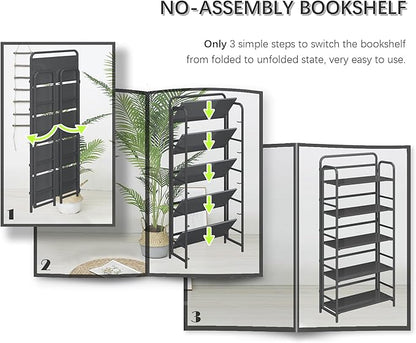 4NM No Assembly Folding Bookshelf 5 Tiers Vintage Industrial Black Book Shelf Metal Foldable Storage Bookcase and Bookshelves for Living Room,Bedroom and Kitchen - Black