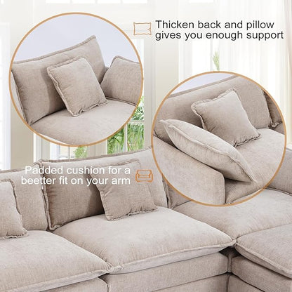 Furniliving 112‘’ L-Shaped Sofa, Luxury Chenille Modular Sectional Couches with Ottoman, Upholstered Deep Seat Sleeper Sofa with Memory Foam and Waist Pillows, Camel