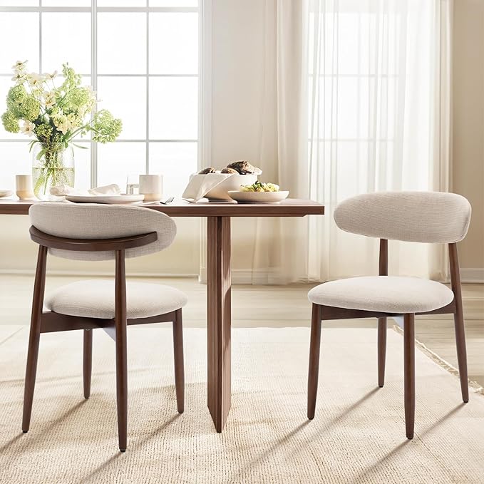 COLAMY Wooden Dining Chairs Set of 6, Modern Upholstered Fabric Dining Room Chair, Farmhouse Kitchen Side Chairs with Foot Pegs, Beige