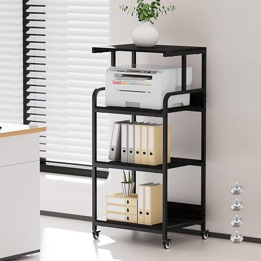 4 Tier Printer Stand with Storage Shelf, Large Tall Printer Table for Home Office, Mobile Printer Cart with Industrial Wheels for Paper Shredder Scanner Fax Heat Press Small Space Organization (Black)