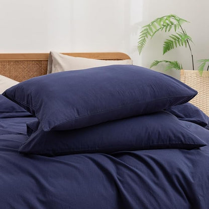 BESTOUCH Duvet Cover Set 100% Washed Cotton Linen Feel Super Soft Comfortable Chic Lightweight 3 PCs Home Bedding Set Solid Navy Blue Oversized King
