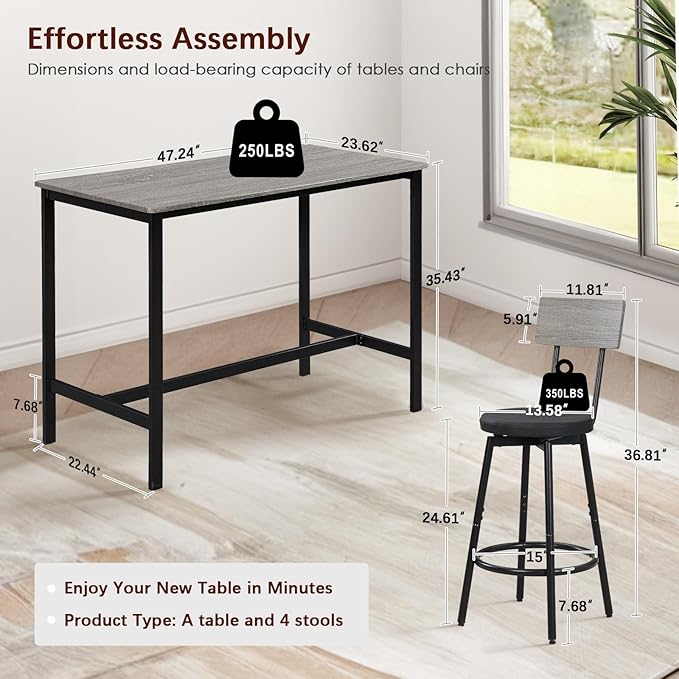 Tatub Bar Table and Stools Set of 4, 5 Piece Counter Height High Breakfast Table Chairs Set of 4 for Dining Room, Gray