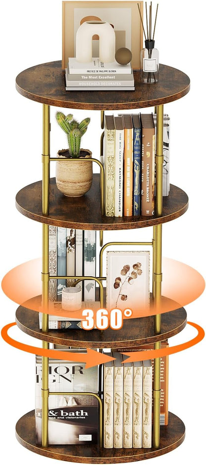 Rotating Bookshelf, 3 Tier Round Revolving Bookcase with Special Visible Partition Storage, 360° Display Spinning Bookshelf Tower Storage Organizer Rack for Bedroom, Living Room, Small Space, Gold