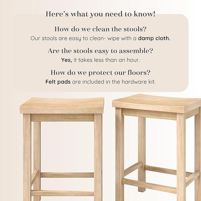 Grain & Grove Smith Collection Set of 2 Solid Wood Counter Height Bar Stools, 24-Inch Saddle Seat Backless Stools, Ideal for Kitchen Island, Dining, or Home Bar Seating, Blonde
