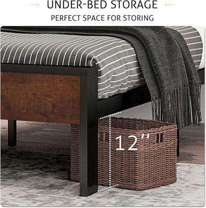 SHA CERLIN 14 Inch Queen Size Metal Platform Bed Frame with Wooden Headboard and Footboard, Mattress Foundation, No Box Spring Needed, Large Under Bed Storage, Non-Slip Without Noise, Mahogany
