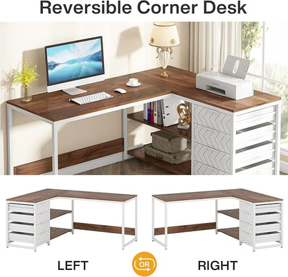 Tribesigns L Shaped Computer Desk with Storage Drawers, 59 inch Corner Desk with Shelves, Reversible L-Shaped Office Desk Study Writing Table Workstation for Home Office, Walnut & White