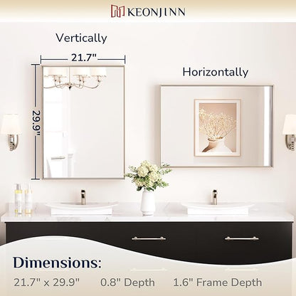 Keonjinn Brushed Nickel Bathroom Mirror for Wall 22 x 30 in, Rectangular Metal Framed Silver Mirror for Vanity Square Corner Aluminum Alloy Rectangle Modern Mirror for Over Sink(Horizontal/Vertical)