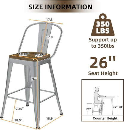 Metal Bar Stools Set of 4, High Back Bar Stools with Wooden Seat, 26 inch Silver Barstools for Kitchen Island